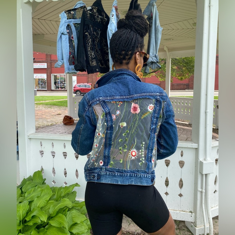 Handmade sheer panel floral denim jacket